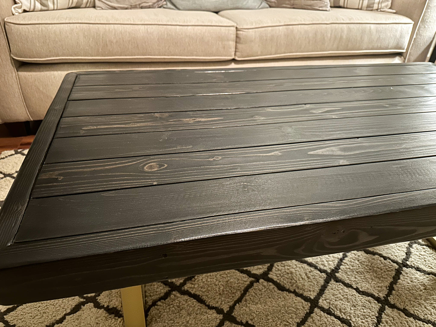 Steel and Pine Wood Weathered Coffee Table - Gold Square Steel Legs