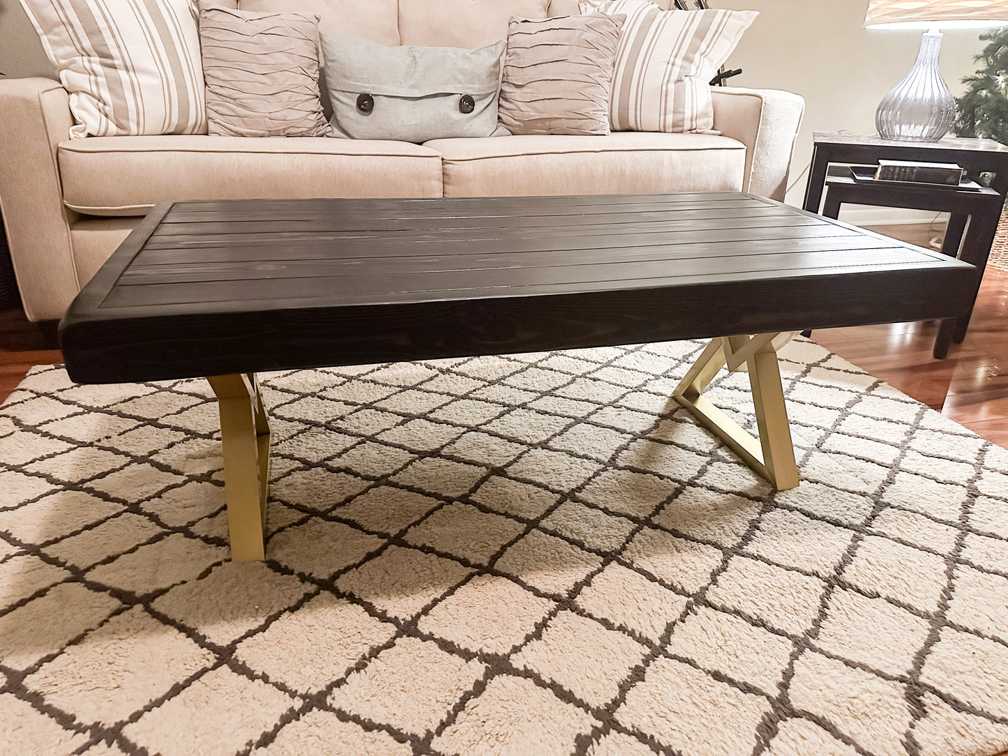 Steel and Pine Wood Weathered Coffee Table - Gold Square Steel Legs