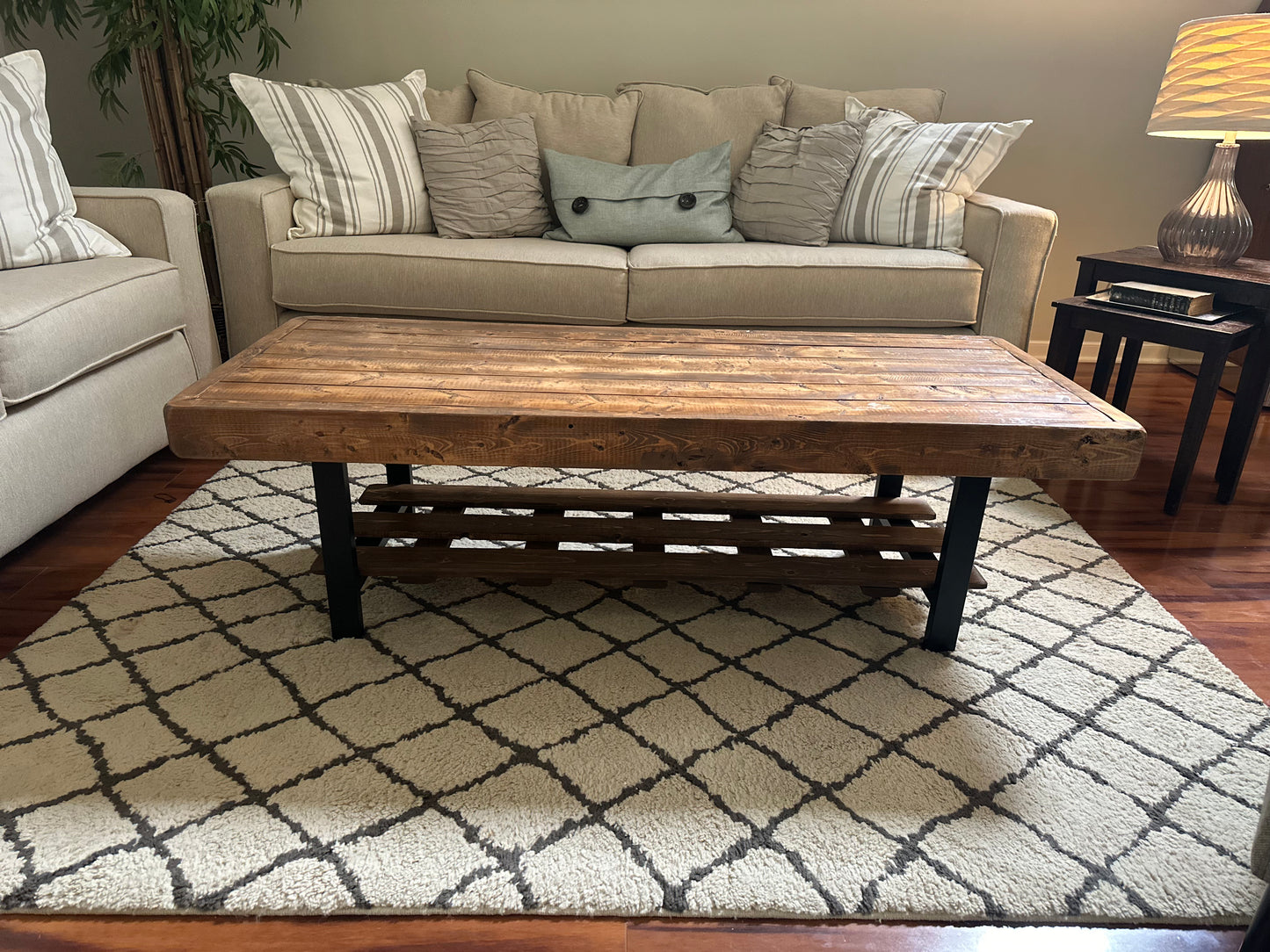 Steel and Pine Wood Weathered Coffee Table With Shelf - Square Legs Style