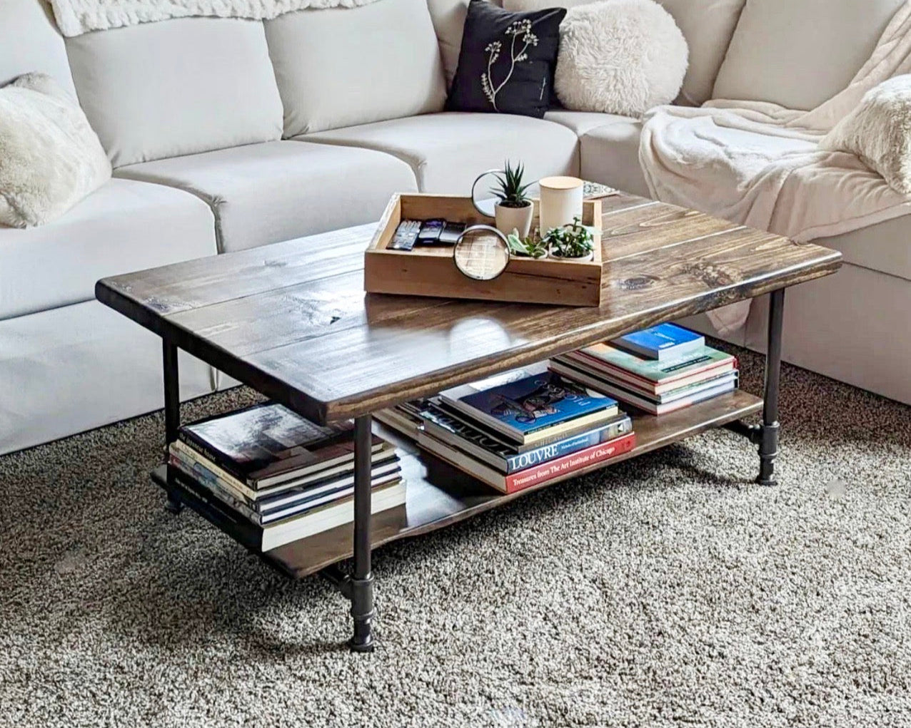 Steel and Pine Wood Coffee Table with Shelf Style 2