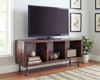 Steel and Pine Wood Media Table with Separated Shelving