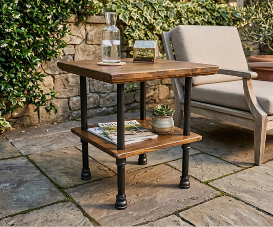 Outdoor Patio Steel and Wood Custom Edge Side Table with Shelf