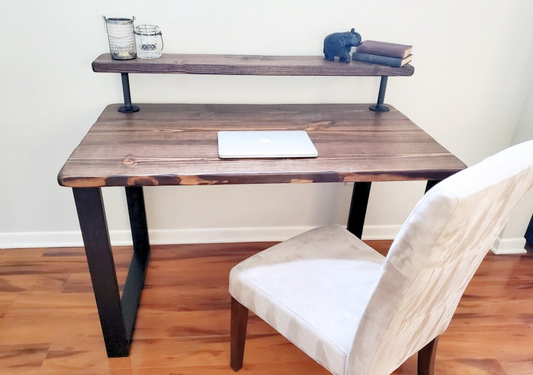 Steel and Wood Desk - Square Leg Style - Rustic Table - Kitchen Table - Home Office - Monitor Shelf - Farmhouse Real Wood - Industrial Style