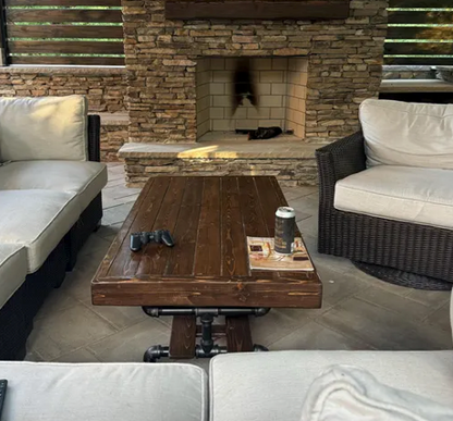 Steel and Pine Wood Weathered Coffee Table w/ Cross Shelf