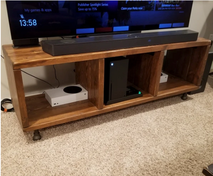 Steel and Pine Wood Media Table with Separated Shelving