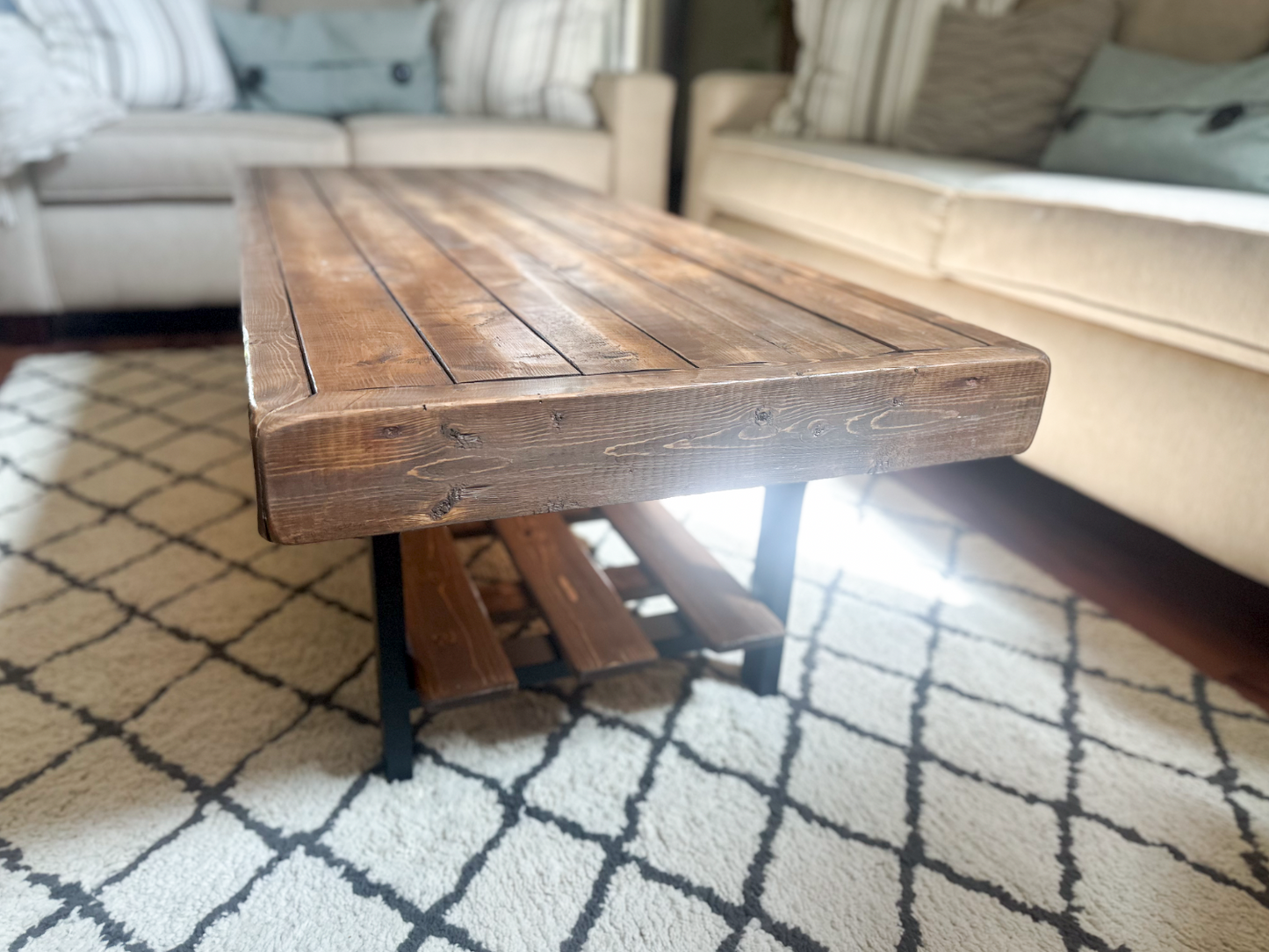 Steel and Pine Wood Weathered Coffee Table With Shelf - Square Legs Style