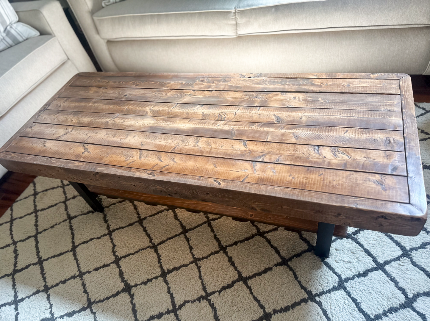 Steel and Pine Wood Weathered Coffee Table With Shelf - Square Legs Style