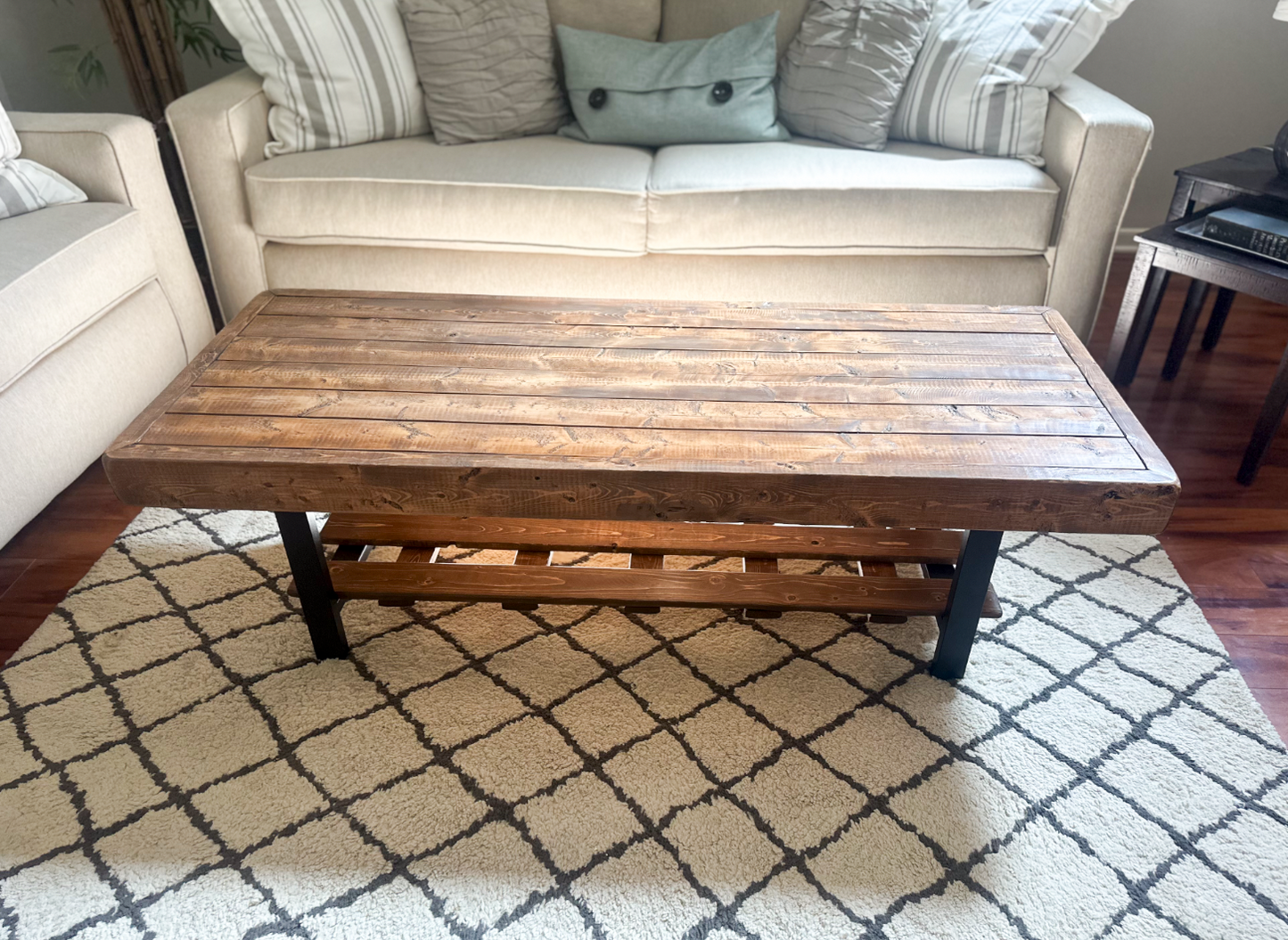 Steel and Pine Wood Weathered Coffee Table With Shelf - Square Legs Style