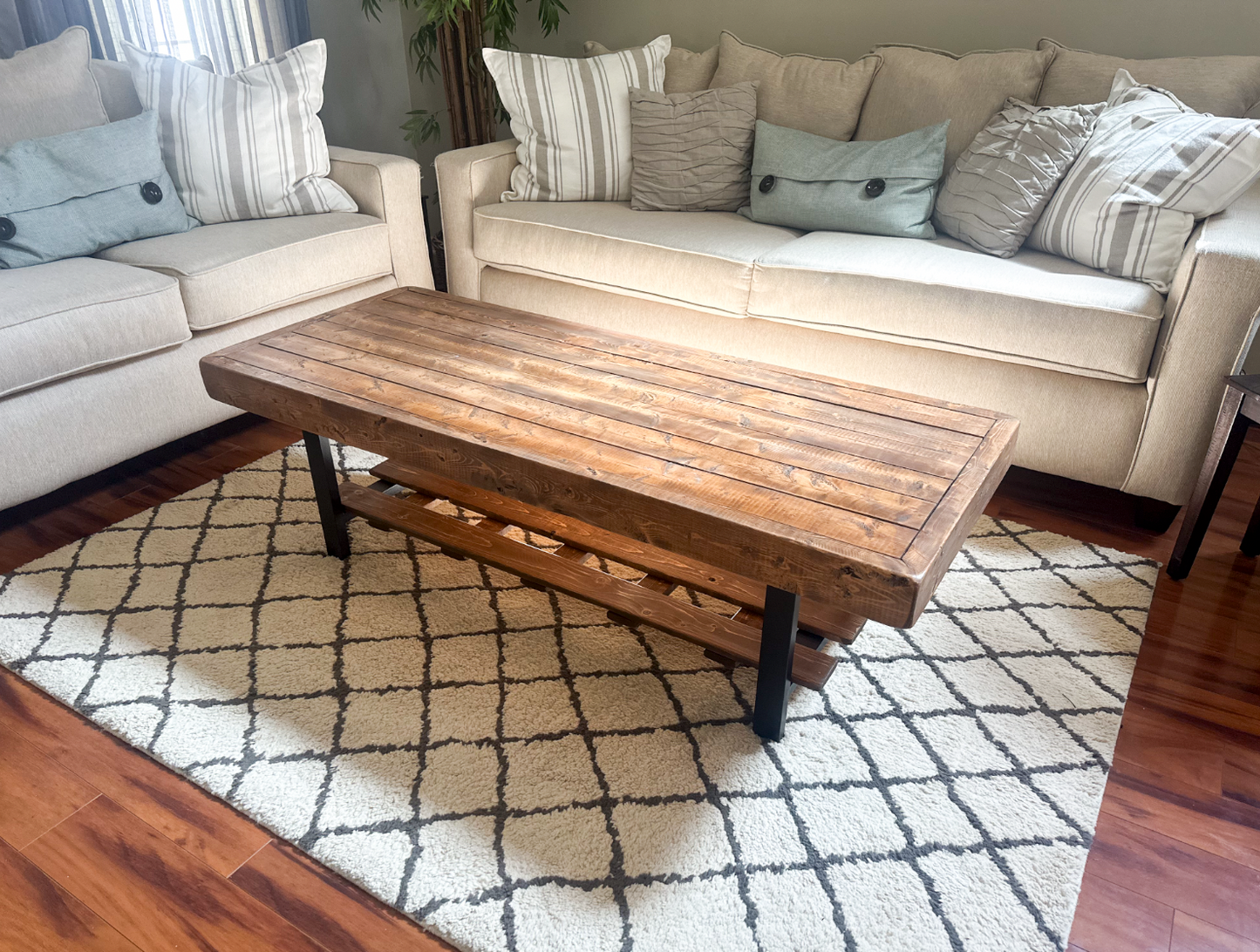 Steel and Pine Wood Weathered Coffee Table With Shelf - Square Legs Style