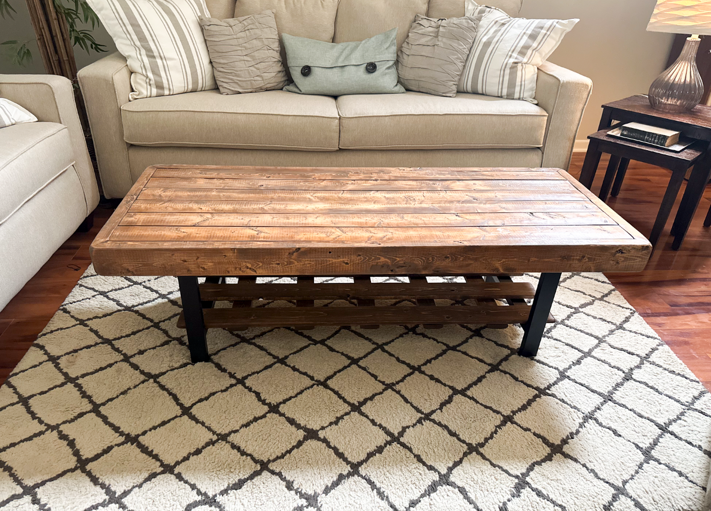 Steel and Pine Wood Weathered Coffee Table With Shelf - Square Legs Style