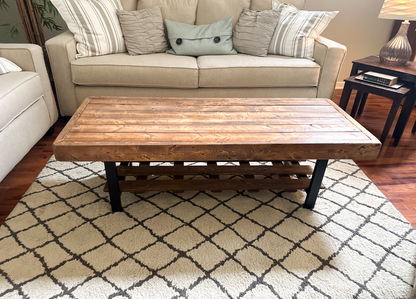 Steel and Wood Weathered Coffee Table With Shelf - Square Legs Style