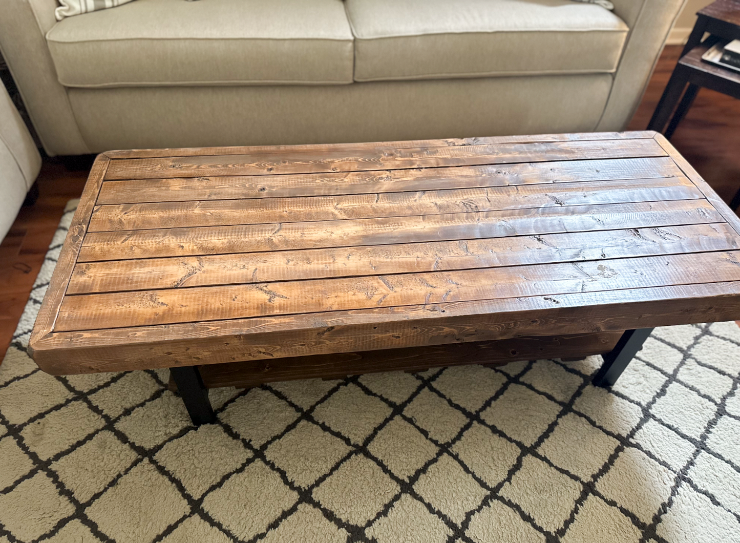 Steel and Pine Wood Weathered Coffee Table With Shelf - Square Legs Style