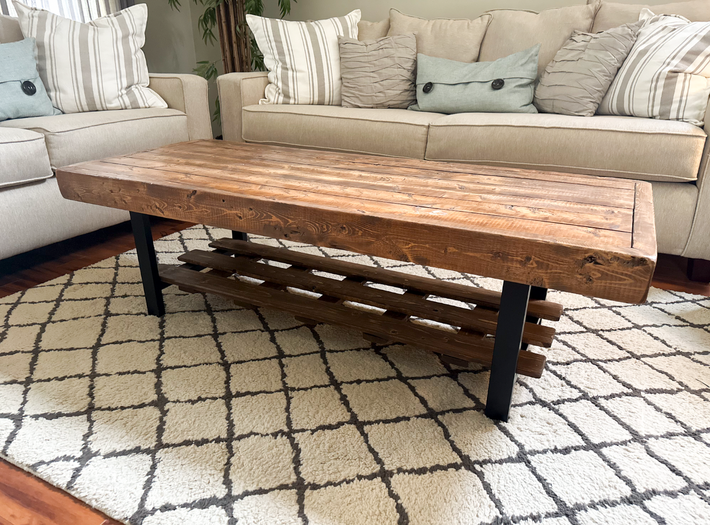 Steel and Pine Wood Weathered Coffee Table With Shelf - Square Legs Style