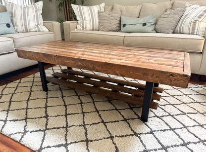 Steel and Wood Weathered Coffee Table With Shelf - Square Legs Style