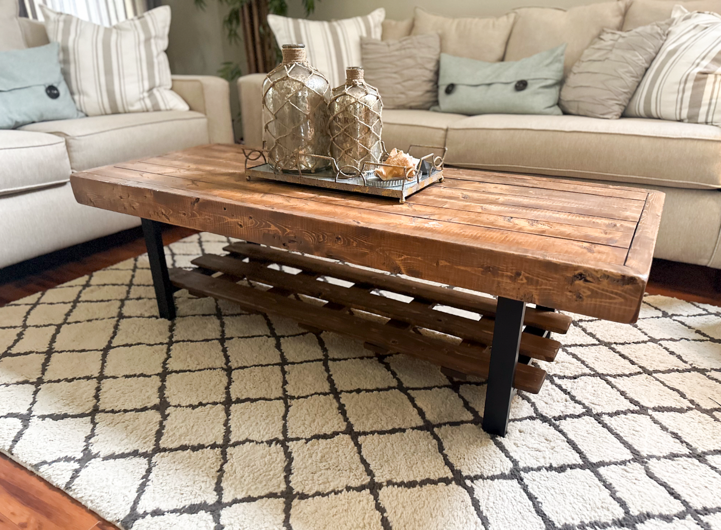 Steel and Pine Wood Weathered Coffee Table With Shelf - Square Legs Style