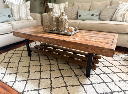 Steel and Wood Weathered Coffee Table With Shelf - Square Legs Style