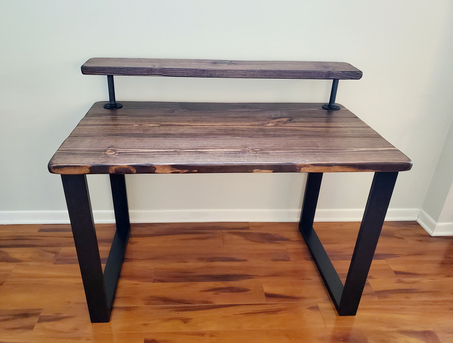 Steel and Wood Desk - Square Leg Style - Rustic Table - Kitchen Table - Home Office - Monitor Shelf - Farmhouse Real Wood - Industrial Style