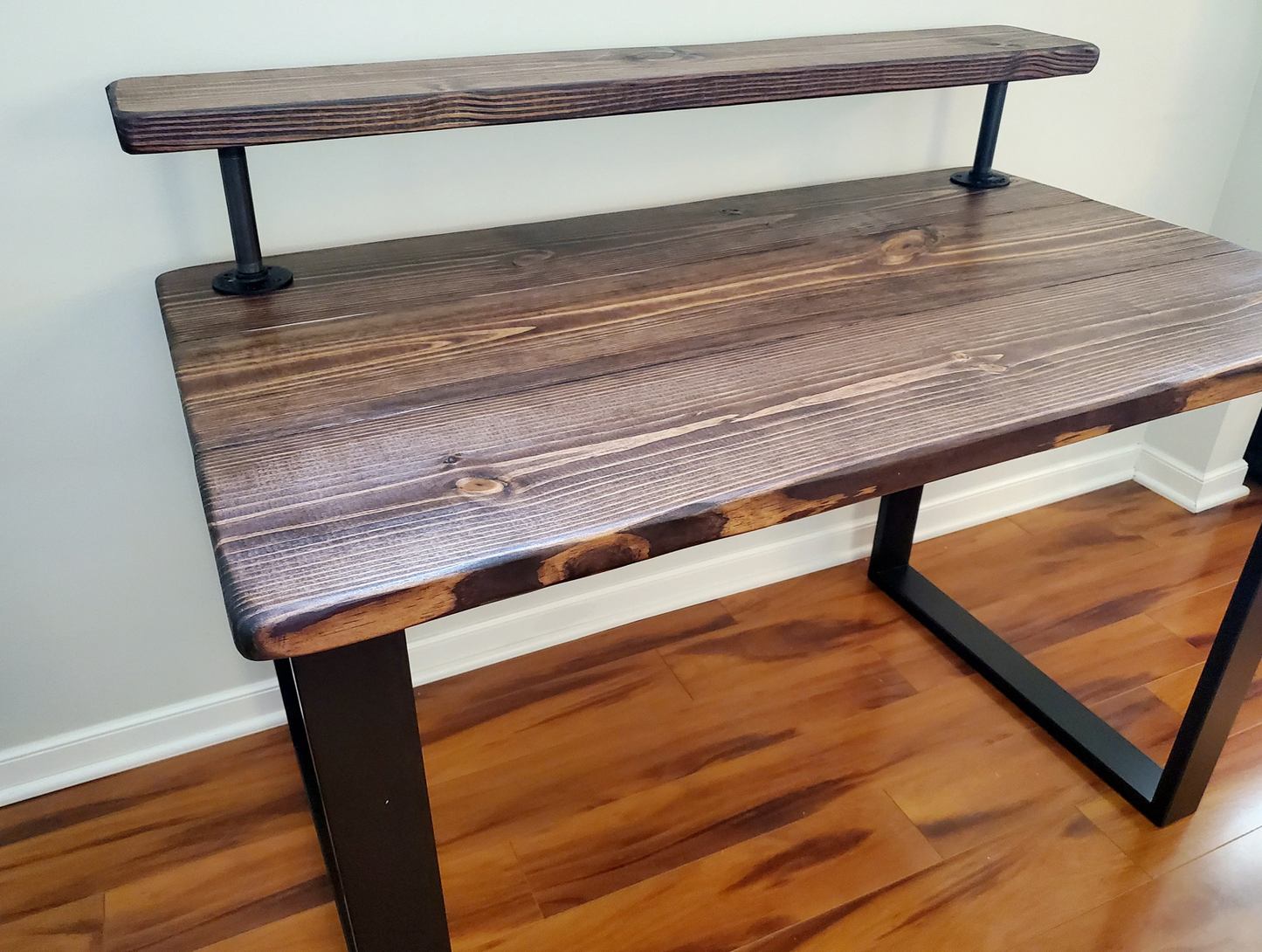 Steel and Wood Desk - Square Leg Style - Rustic Table - Kitchen Table - Home Office - Monitor Shelf - Farmhouse Real Wood - Industrial Style