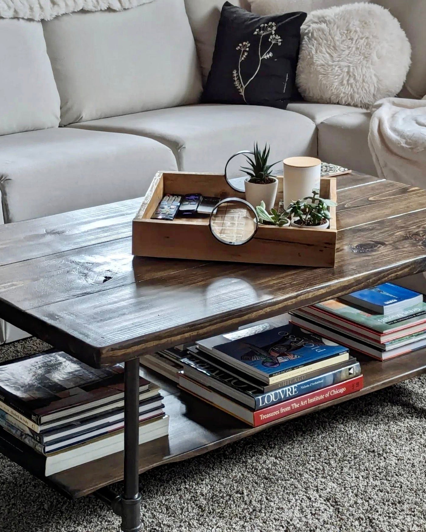 Steel and Pine Wood Coffee Table with Shelf Style 2