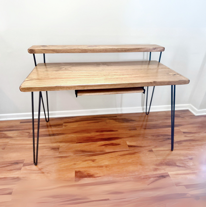 Steel and Wood Desk - Monitor Shelf - Keyboard Tray - Real Wood Furniture