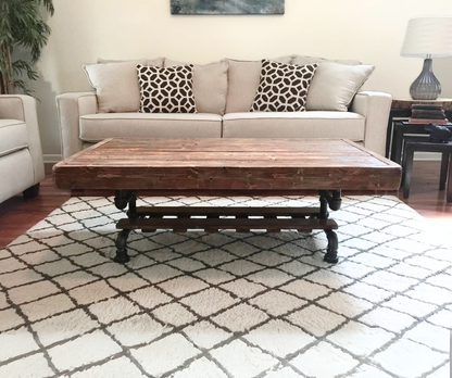 Steel and Pine Wood Weathered Coffee Table w/ Cross Shelf