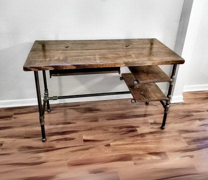 Steel and Wood Desk - Office Iron Pipe Desk with 2 Shelves and Keyboard Tray