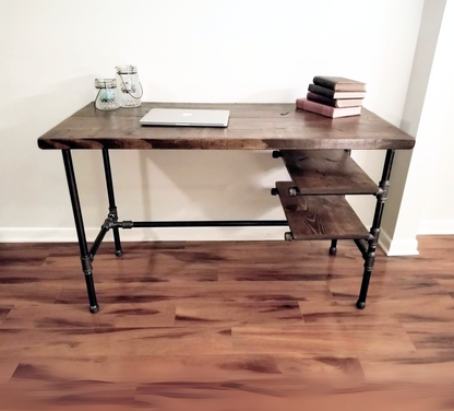 Steel and Wood Desk - Office Iron Pipe Desk with 2 Shelves