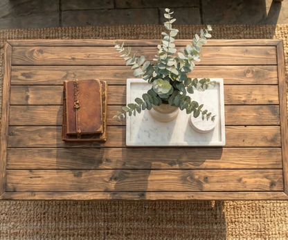 Outdoor Patio Steel and Wood Weathered Coffee Table  - Large Pipe - Free Outdoor Cover Included