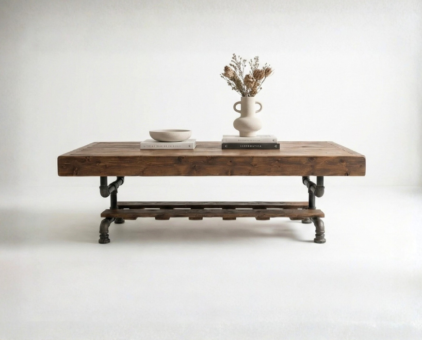 Steel and Wood Weathered Coffee Table w/ Cross Shelf