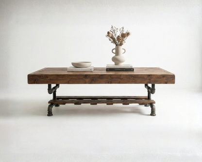 Steel and Wood Weathered Coffee Table w/ Cross Shelf