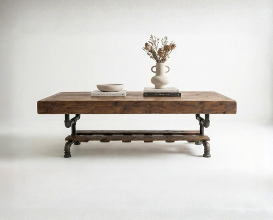 Steel and Wood Weathered Coffee Table w/ Cross Shelf