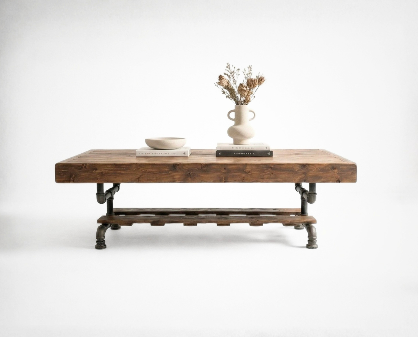 Steel and Wood Weathered Coffee Table w/ Cross Shelf