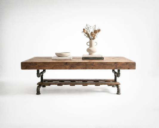Steel and Wood Weathered Coffee Table w/ Cross Shelf