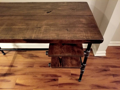 Steel and Wood Desk - Office Iron Pipe Desk with 2 Desk Shelves and 2 Wall Shelves - Multiple Shelf