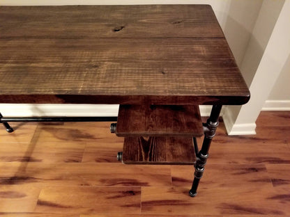 Steel and Wood Desk - Office Iron Pipe Desk with 2 Shelves and Keyboard Tray
