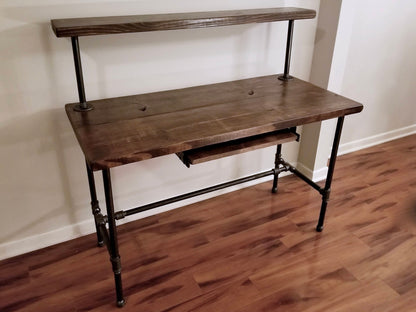 Steel and Wood Desk - Office Iron Pipe Desk with Monitor Shelf and Keyboard Tray - Shelf Height Options Listed in Description