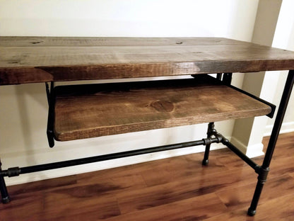 Steel and Wood Desk - Office Iron Pipe Desk with Monitor Shelf and Keyboard Tray - Shelf Height Options Listed in Description
