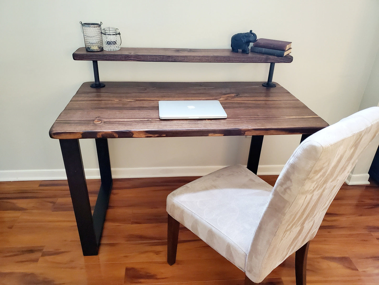 Steel and Wood Desk - Square Leg Style - Rustic Table - Kitchen Table - Home Office - Monitor Shelf - Farmhouse Real Wood - Industrial Style