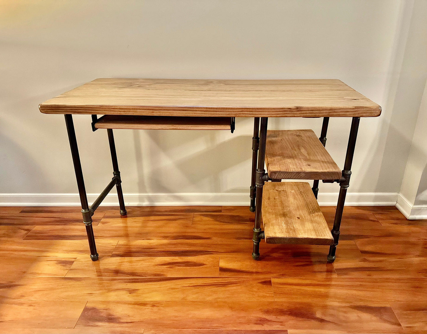 Steel and Wood Desk - 2 Shelves and Keyboard Tray
