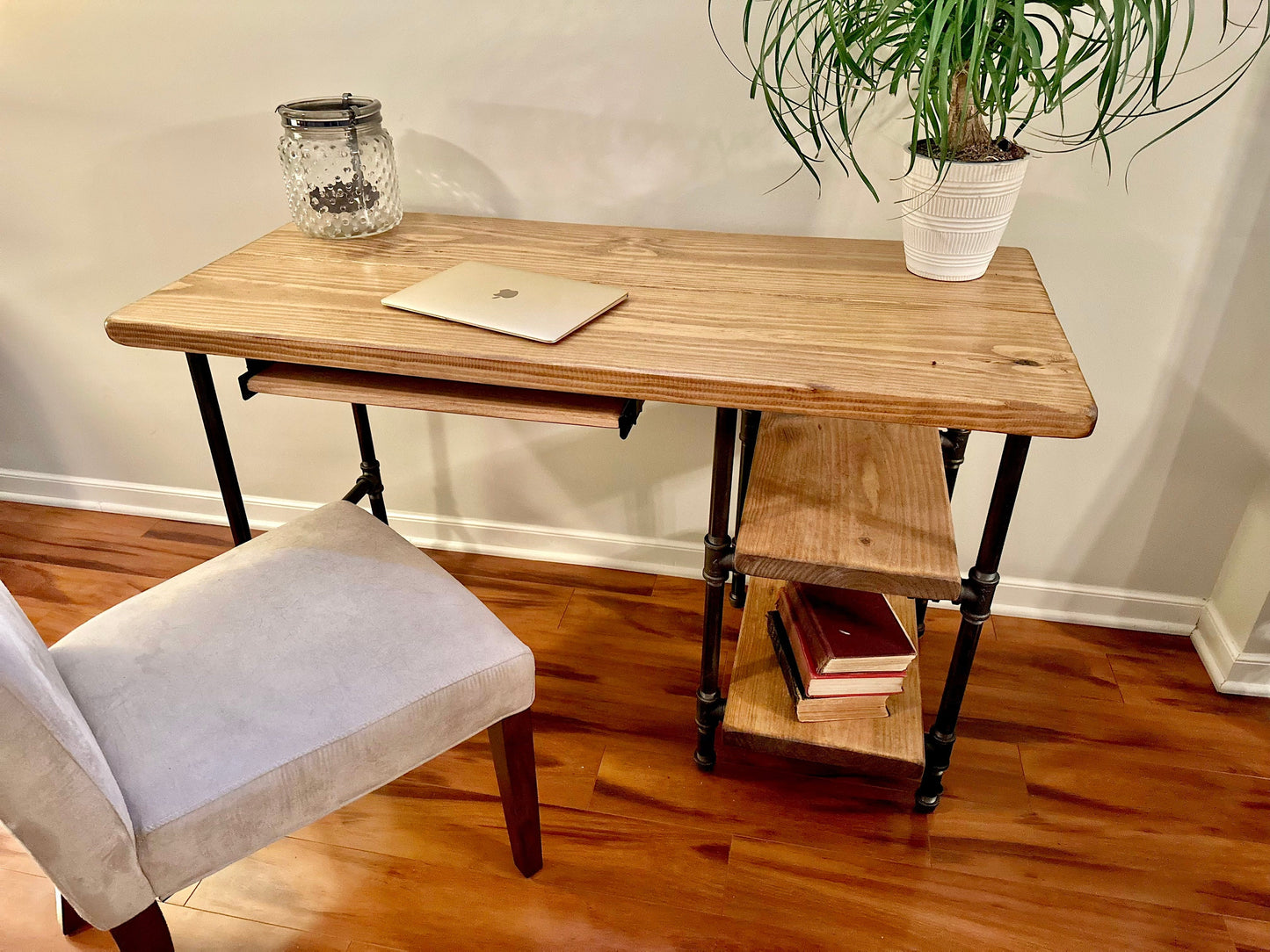 Steel and Wood Desk - 2 Shelves and Keyboard Tray