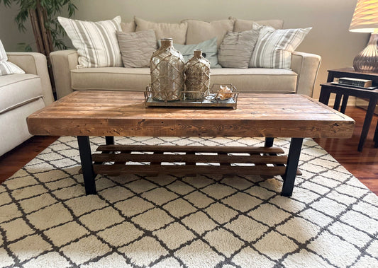 Steel and Pine Wood Weathered Coffee Table With Shelf - Square Legs Style