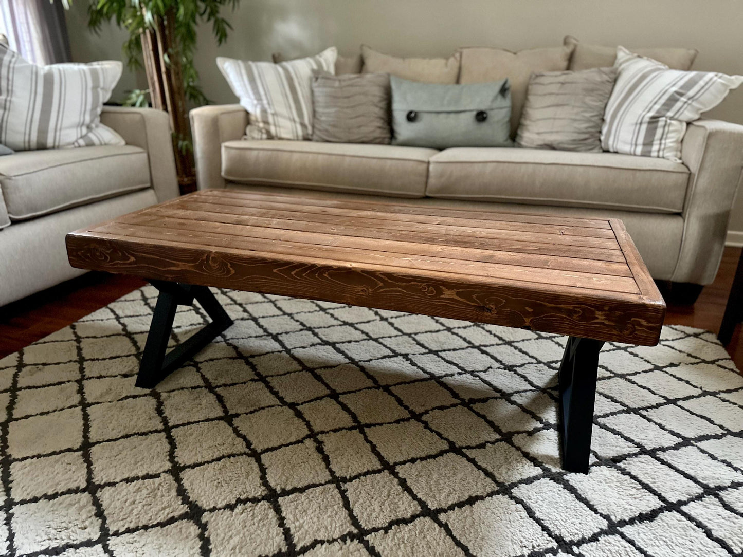 Steel and Wood Weathered Coffee Table - V Style Square Legs