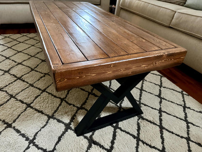 Steel and Wood Weathered Coffee Table - V Style Square Legs
