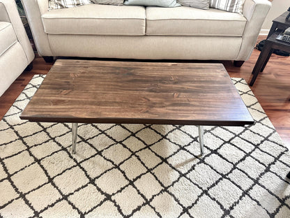 Steel and Solid Wood Midcentury Coffee Cocktail Table with Retro Chrome Steel