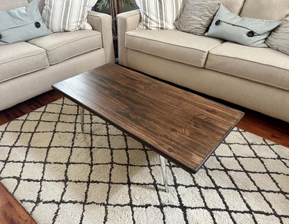 Steel and Solid Wood Midcentury Coffee Cocktail Table with Retro Chrome Steel