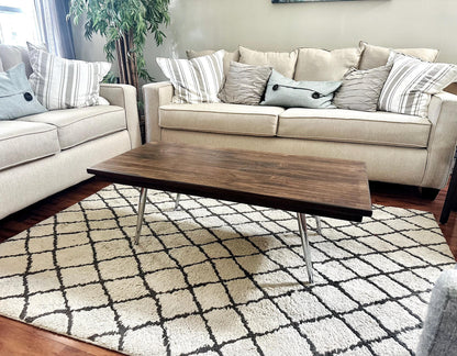 Steel and Solid Wood Midcentury Coffee Cocktail Table with Retro Chrome Steel