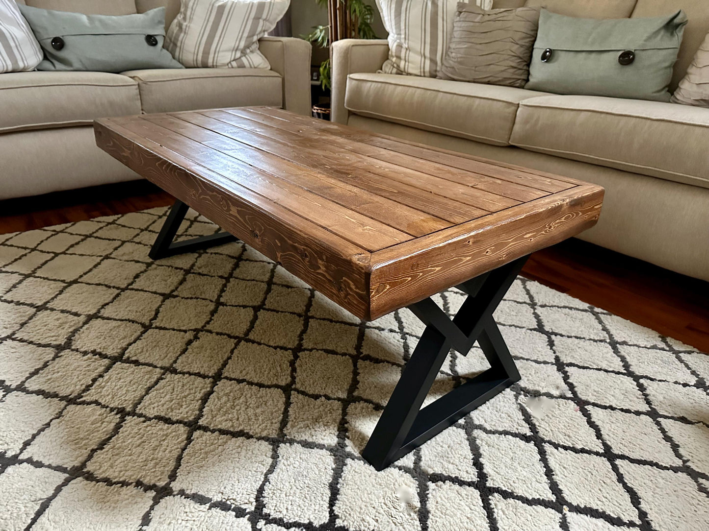 Steel and Wood Weathered Coffee Table - V Style Square Legs