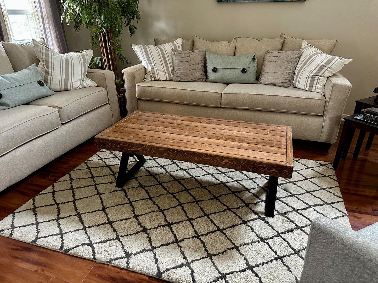 Steel and Wood Weathered Coffee Table - V Style Square Legs