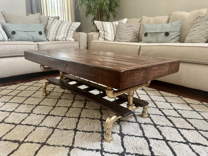 Steel and Wood Weathered Coffee Table w/ Cross Shelf
