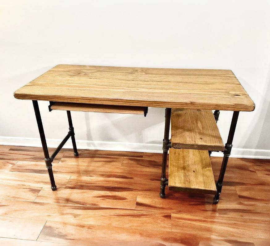 Steel and Wood Desk - 2 Shelves and Keyboard Tray